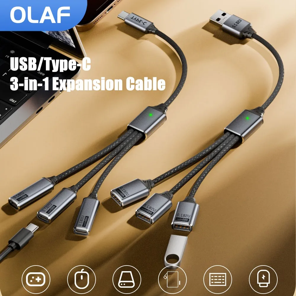 

3-в-1 USB/тип C-разветвитель-концентратор, кабель расширения, многопортовый USB2.0, быстрая зарядка/передача, зарядное устройство для телефона, кабель-адаптер питания OTG