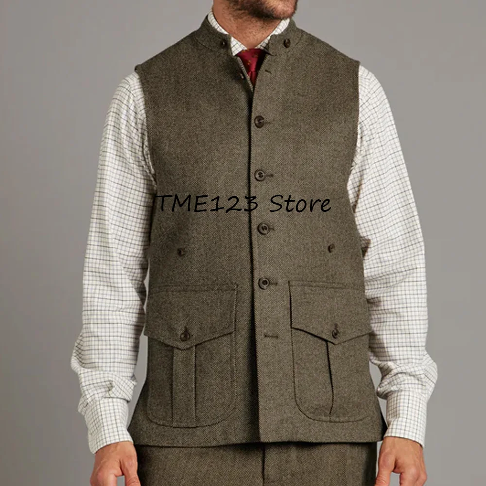 

Vests for Men Vintage Herringbone Fabric Fashion Suit Single-breasted Elegant Mens Vest Stand-up Collar Large Pockets Workwear
