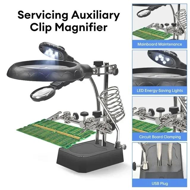 10X Magnifying Glass Third Hand Welding with 5 LED Auxiliary Clip Magnifier Desk Lamp 3in1 Hand Solder Iron Stand Holder Station