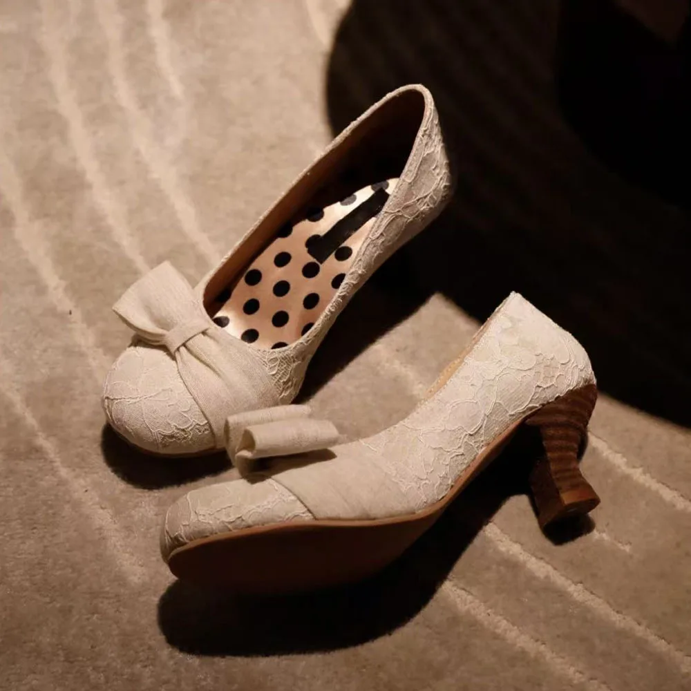 2026 Spring New Round Toe Lace Bow High Heel Mary Janes Pumps Kitten Heel Sweet Walking Comfy Women Pumps Party Daily Shoes
