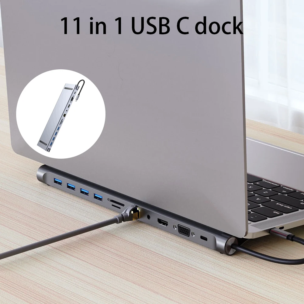 11-In-1 USB C Docking Station 4K HDMI-compatible VGA Hub 100M RJ45 Ethernet USB3.0 SD TF Card Reader 100W PD Charging Adapter