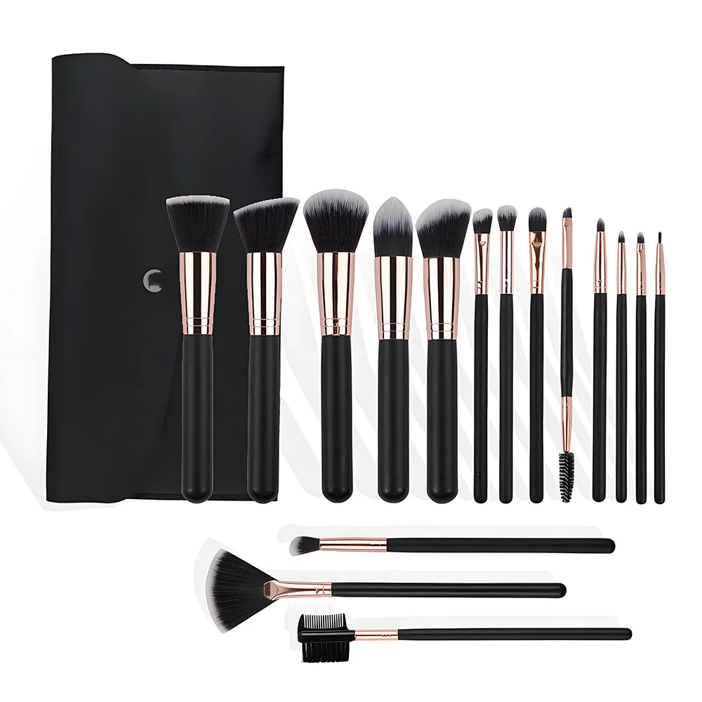 Popularny 16-częściowy zestaw pędzli do makijażu z czarnymi drewnianymi uchwytami i miękkimi włosiemi z włókna, profesjonalne pędzle do makijażu