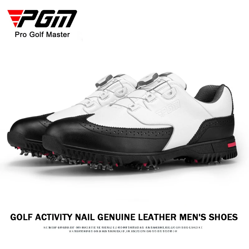 PGM Leather Mens Spike Golf Shoes Size45 Black White Quick Knob Comfortable Golf Sneaker Waterproof Anti Slip Athletic Footwears