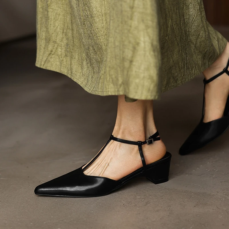 NEW Summer Women Sandals Genuine Leather Shoes Women Pointed Toe Chunky Heel Shoes Pointed Toe Slingback Shoes T-strap Sandals image 6