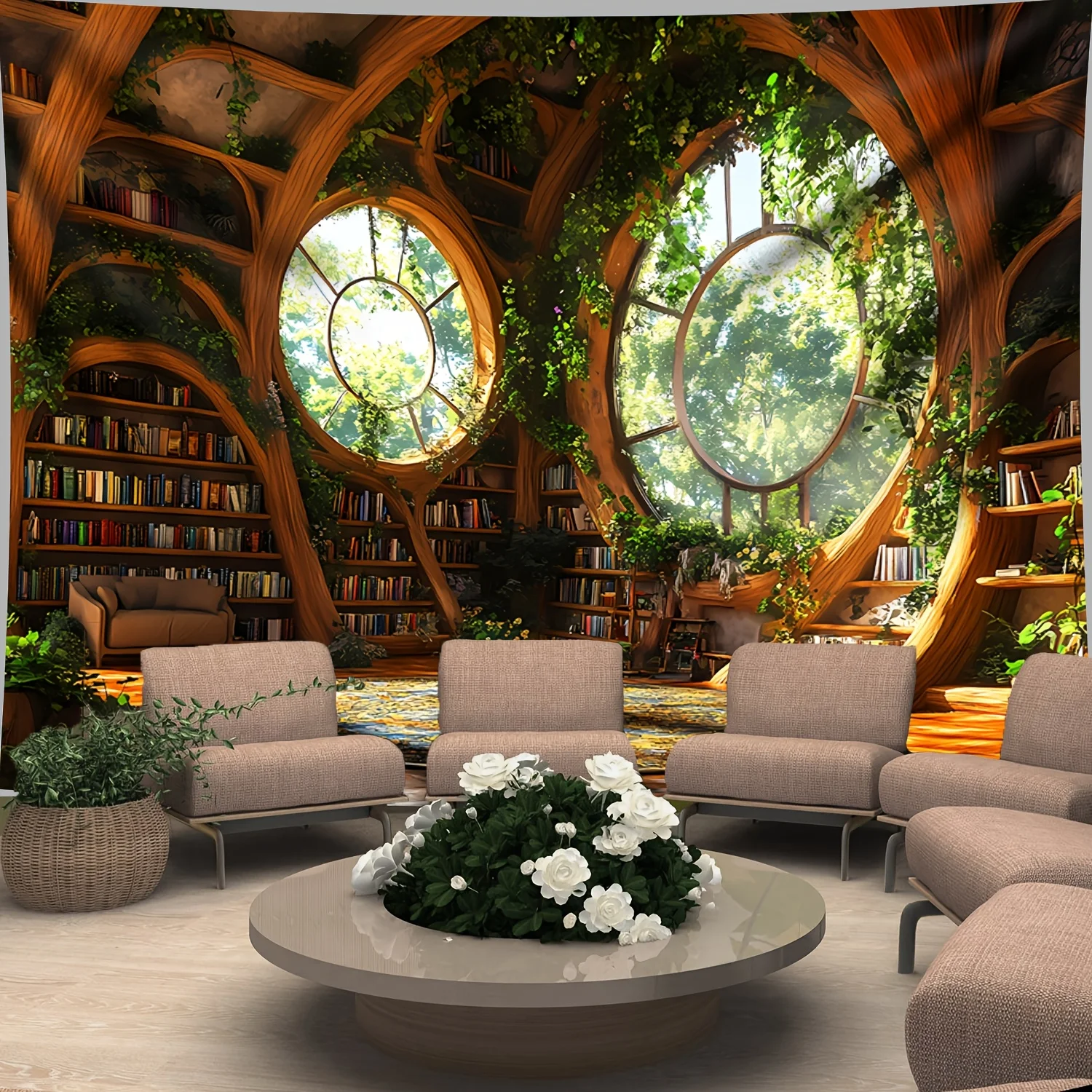 Tapisserie murale bibliothèque Fantasy Treehouse, forêt enchantée, étagère à livres, séparateur de pièce, décoration bohème pour la maison