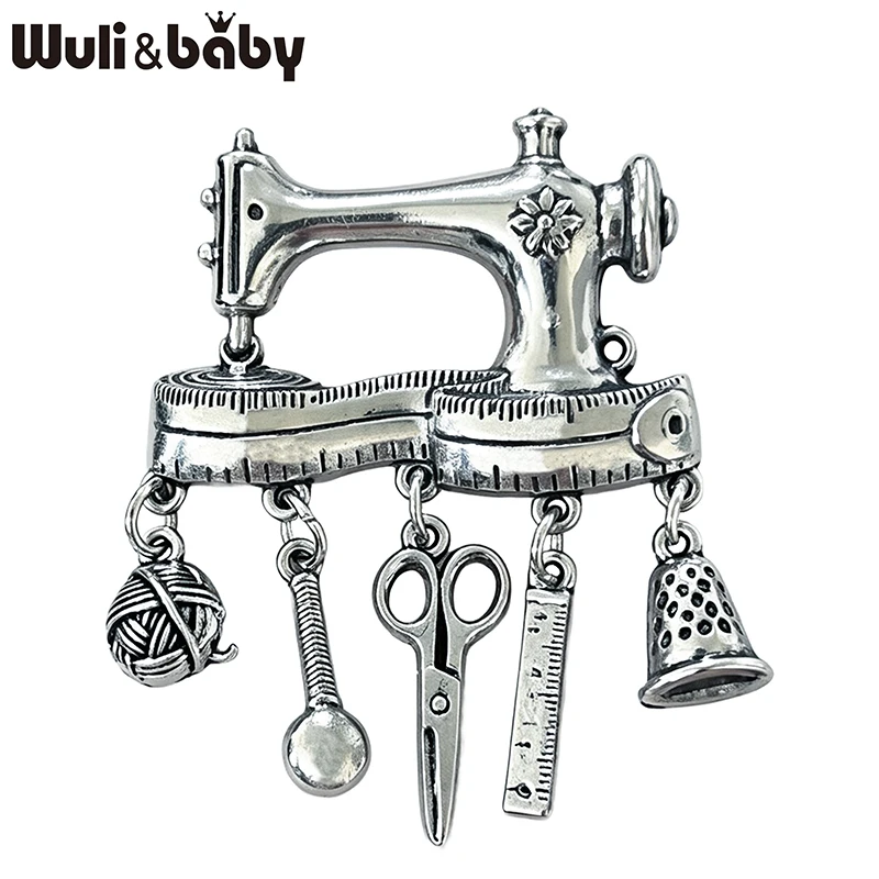 Wuli&baby Vintage Sewing Machine Brooches For Women Men 2-color Metal Scissors Ruler Dangle Charms Party Casual Brooch Pins Gift