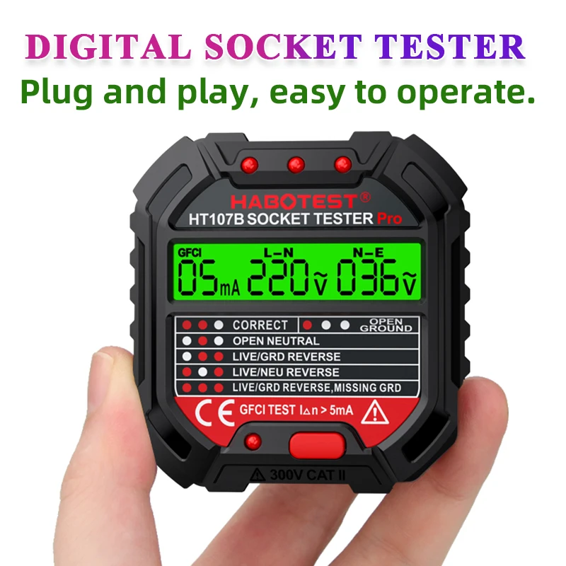 Testador de tomada profissional, detector de tomada de teste de tensão, ue, eua, reino unido, tomada de terra, linha zero, polaridade, verificação de fase