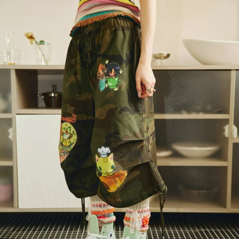 Summer Original Design New Women's Trousers Sweet Cool Cartoon Printing Camouflage Overalls Loose Thin Versatile Capris Ladies