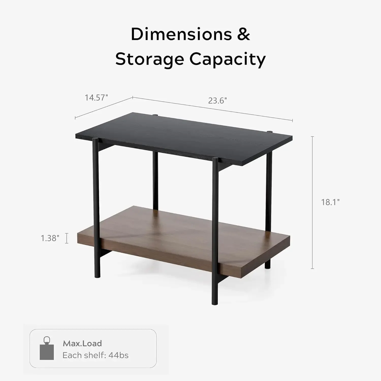 2 Tier End Table with Metal Frame, Rectangular Side Table Bedside Nightstand with 2 Wood Open Storage Shelves for Bedroom