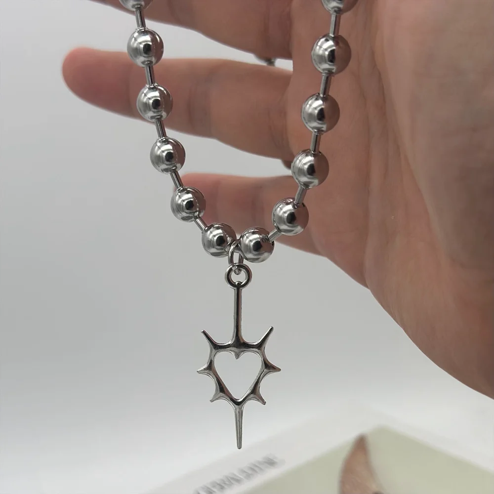 Punk Stainless Steel Chunky Ball Chain Spiky Heart Pendant Necklace for Women Men Grunge Aesthetic Oversize bead Choker Necklace