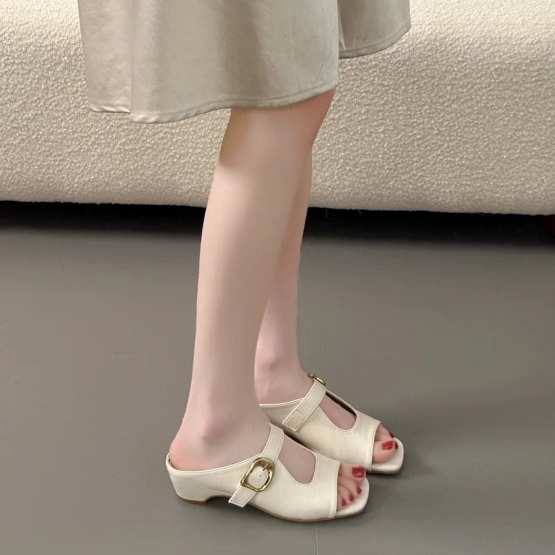 

Women Square Open Toe Mules Single Gold Buckle Low Block Heel Slip On Slide Sandals Casual Daily Footwear