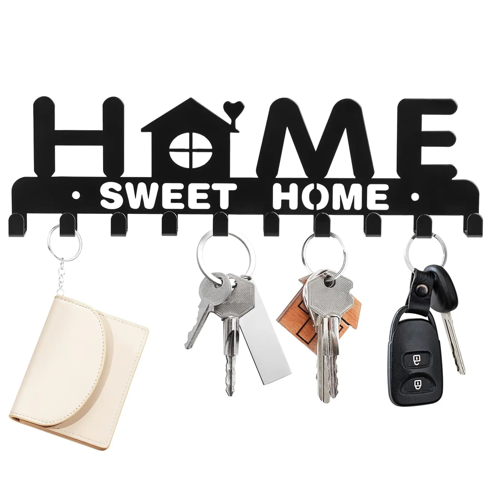 Key Hanger Wall Decorative Key Rack Organizer Self Adhesive Keychain Holder with 10 Key Hooks Metal Black Metal