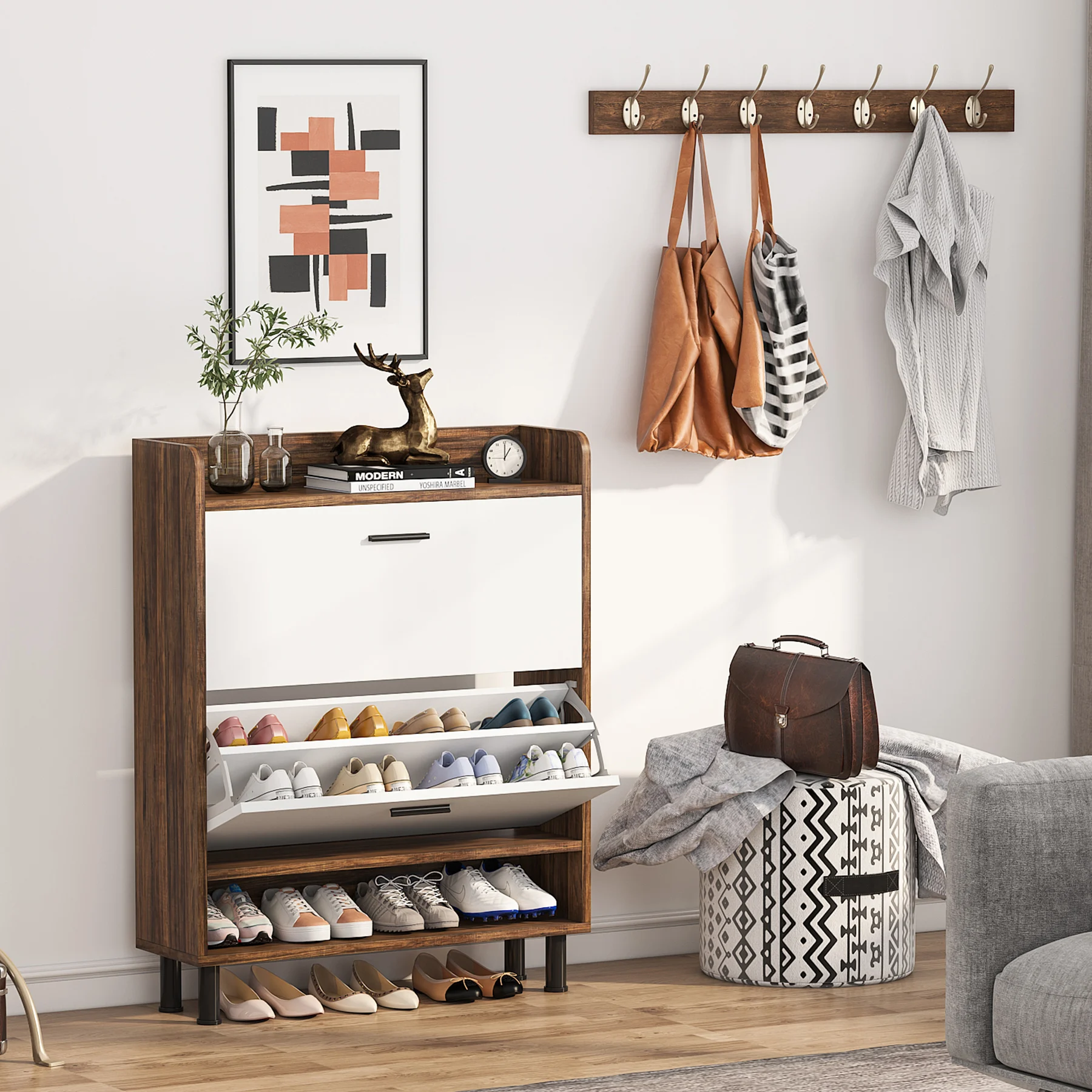 Tribesigns Shoe Cabinet, 2-Tier Shoe Storage Cabinet with Flip Doors, Vintage Entryway Shoe Organizer Rack with Open Shelves image 5