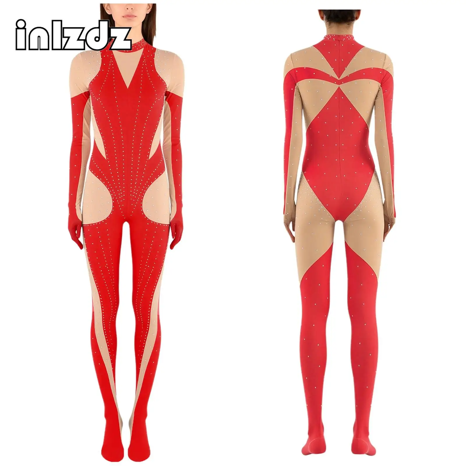 Women Gymnastics Shiny Rhinestone Full-body Unitard Gloved Sleeves Footed Bodysuit Jumpsuit for Yoga Ballet Dance Figure Skating