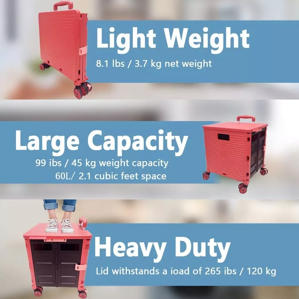 

Foldable Utility Cart Portable Rolling Crate Handcart Shopping Trolley Collapsible 4 Rotate Wheels with Durable Heavy Duty Plast