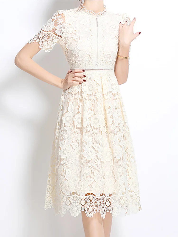 SMTHAM ฤดูร้อน Holiday Hollow Out ดอกไม้เย็บปักถักร้อยลูกไม้ชุดราตรีผู้หญิงแขนสั้น Midi ยาวพรรค Vestidos