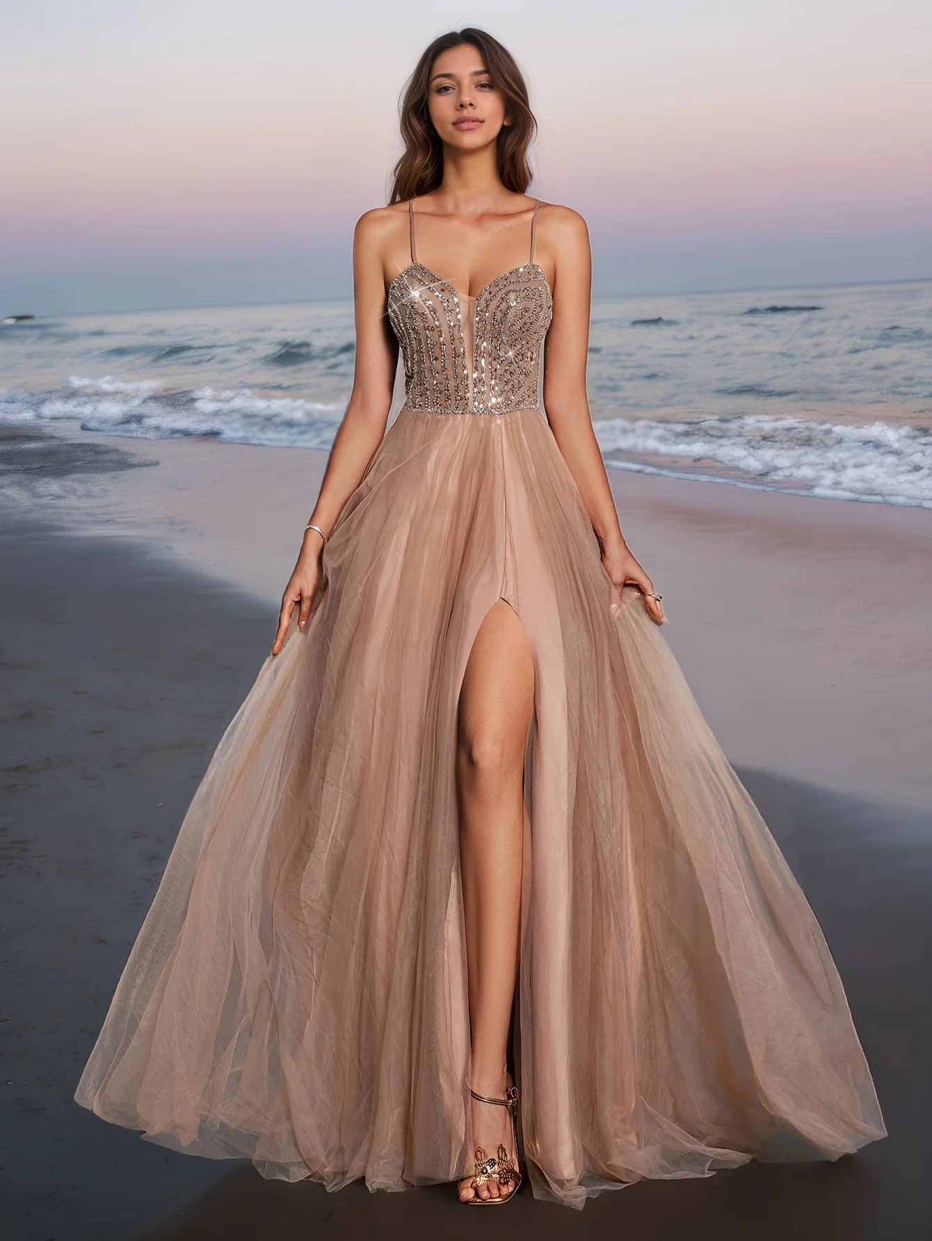 

Elegant Spaghetti - Strap Evening Dress 2025, Women's Champagne Tulle Gown with Beads & Slit for Luxury Beach Party Customized