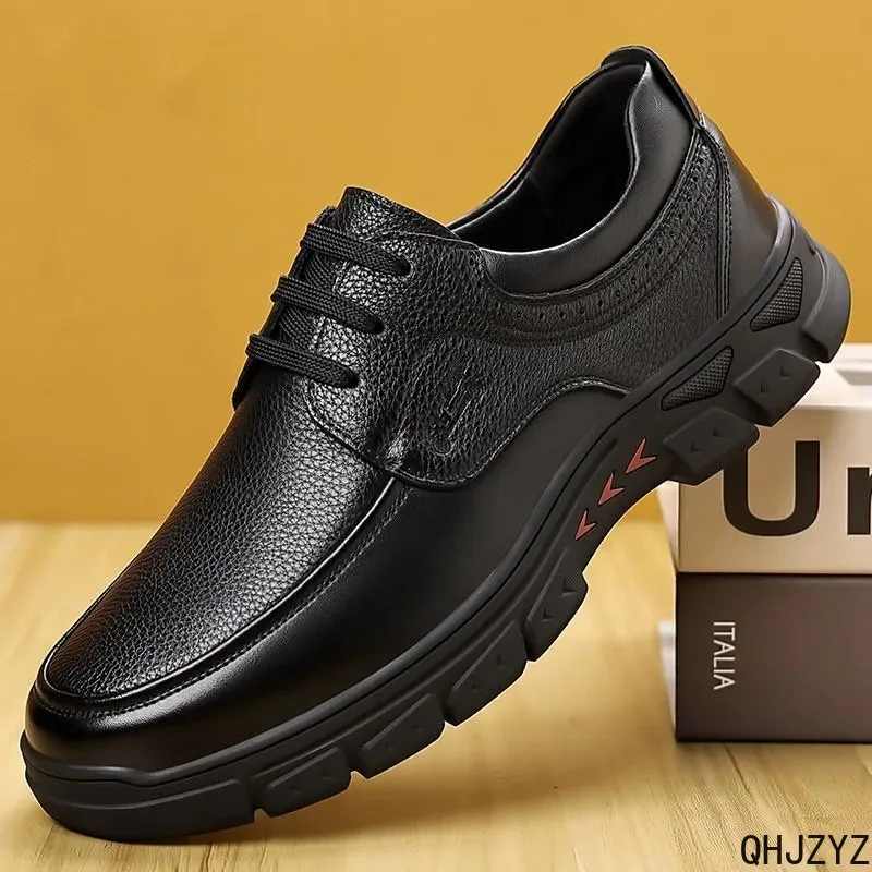Men's Business Formal Shoes Soft Bottom Anti-Slip Wear-Resistant Lace-Up Leather Oxfords British Style Casual Trendy Dad Shoes