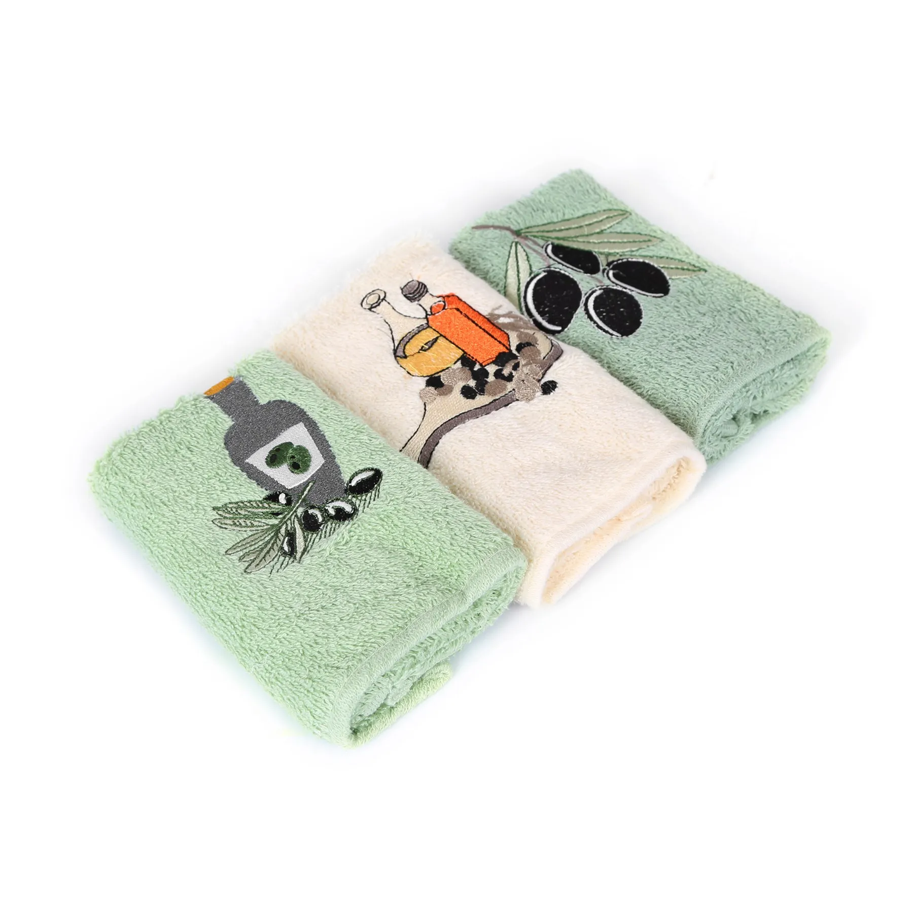 Hand Towel 3 Pcs Olive Oil Embroided Knitted 100% Turkish Cotton 30x50 cm Gift Box Kitchen Towel Set