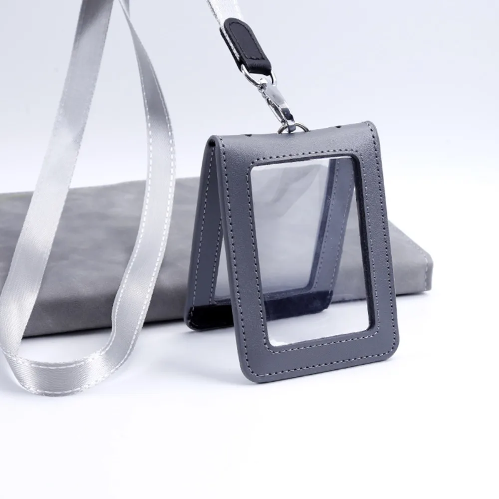 Double-Sided Leather Card Cover Badge Clip Card Case ID Card Holder With Neck Strap Clear Leather Badge Holder Work Bank Card