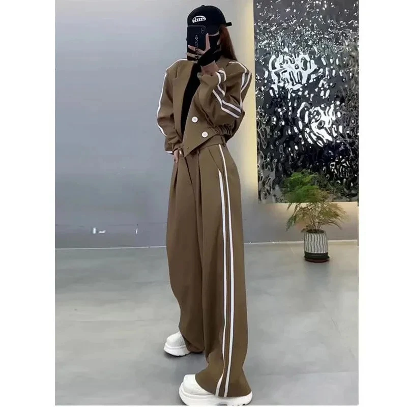 Spring Cropped Two-piece Suit Women Short Blazer Jacket +Loose Wide Leg Pants Ladies Joggers Casual Tracksuit Female Autumn New