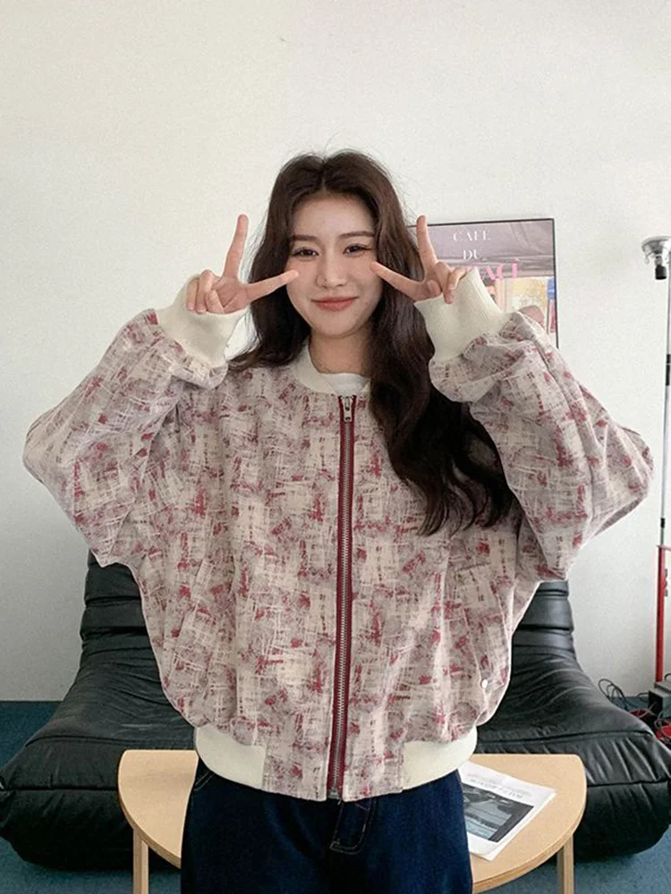 

Print Sweet Baseball Jacket Women Loose Vintage Korean Long Sleeve Coat Fall Winter Female O Neck Zipper Pockets Outwear Tops