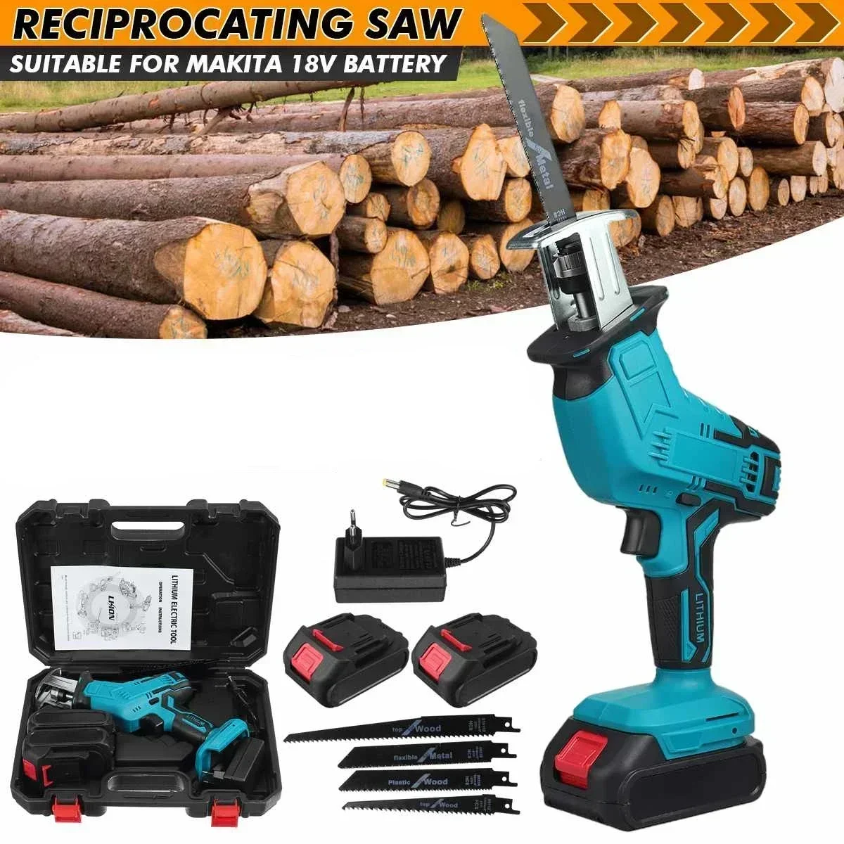 21V Cordless Electric Reciprocating Saw Quick Change Blade Rechargeable Li-ion Battery Saw Metal Wood PVC Cutting Power Tools