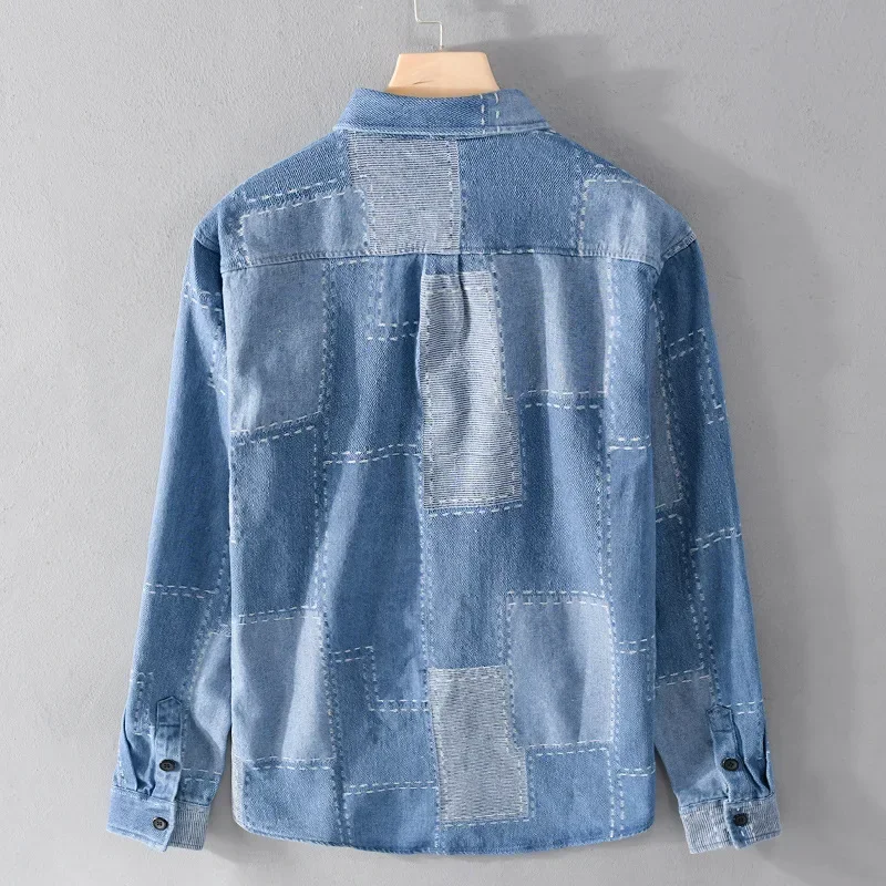 Korean Fashion Denim Shirt Men Long Sleeve Streetwear Casual Shirts Patch Plaid Jean Shirt Spring Fall Pure Cotton Cowboy Tops