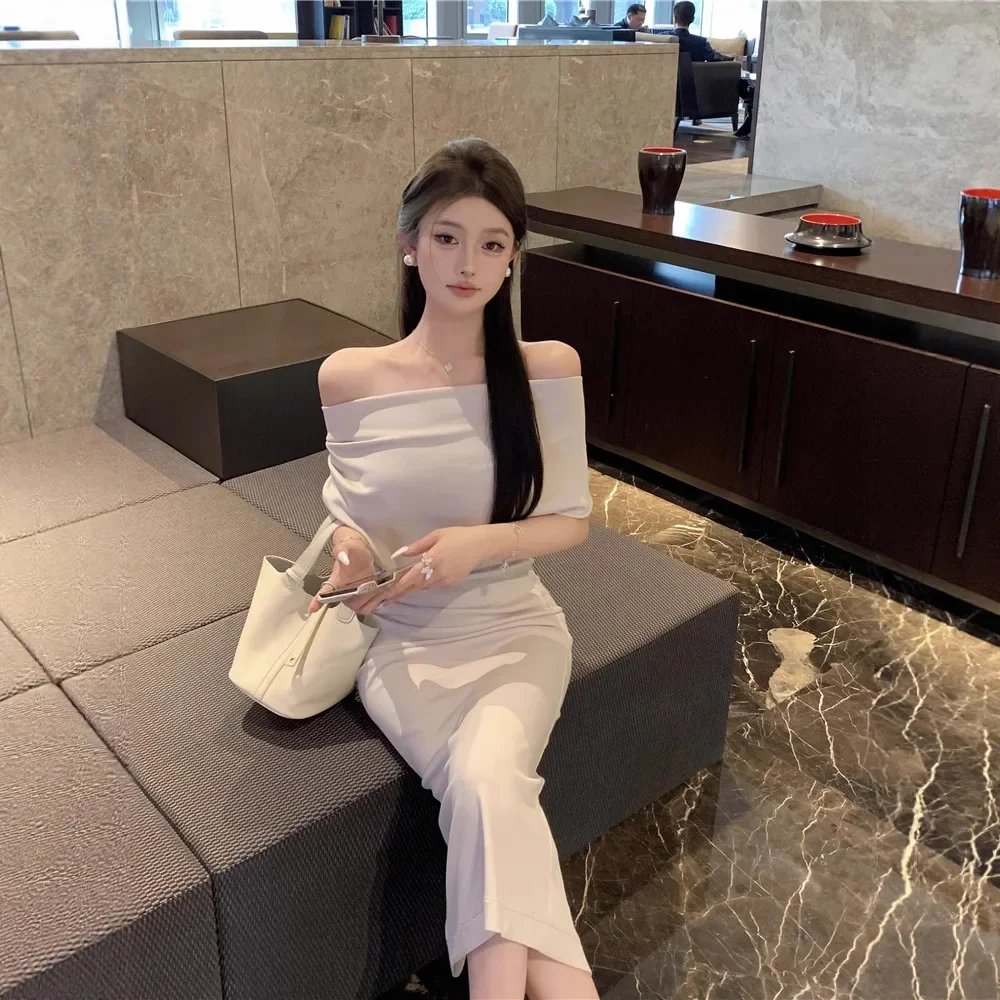 Estilo francês assimétrico ombro envoltório vestido feminino verão elegante saia longa manga curta império cintura joelho comprimento vestido