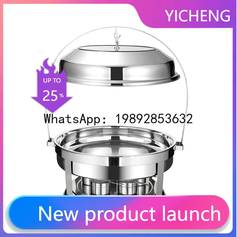 

Stainless steel buffet warming station with hanging lid, alcohol burner, and round insulated container