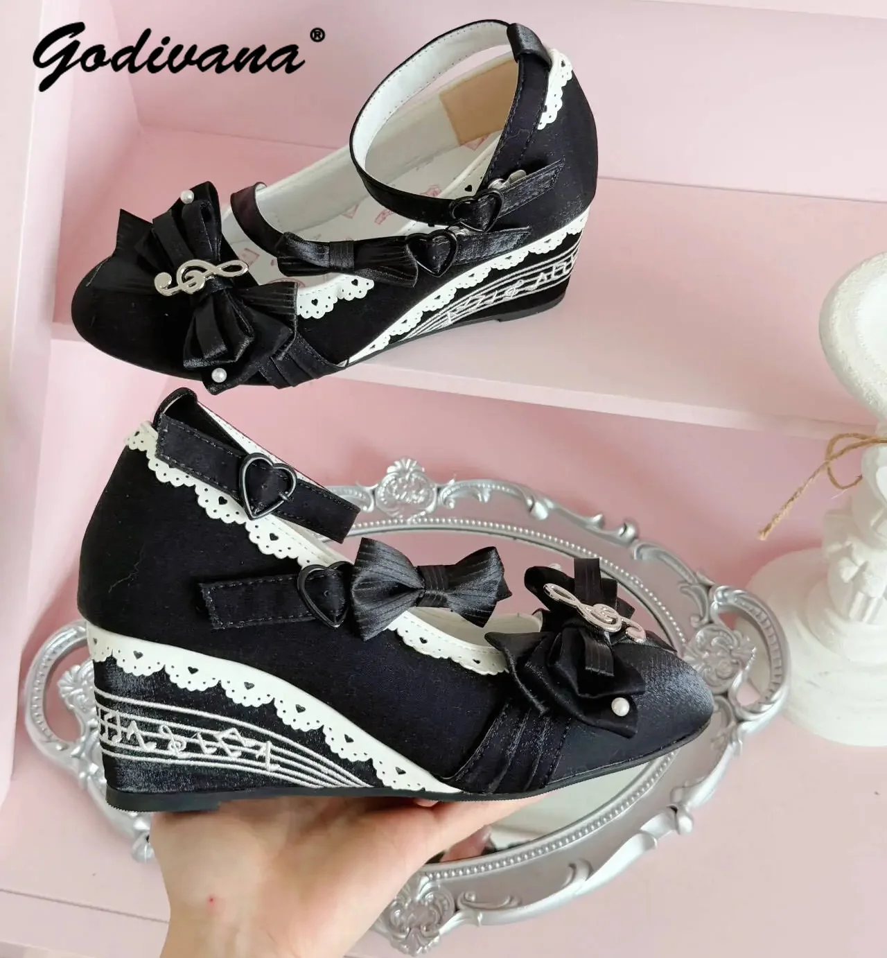 Women Original Lolita Wedge Heel Shoes Classic Satin Bow Girl Pearl Lace Music Note Mary Jane Ladies Elegant Daily Footwear