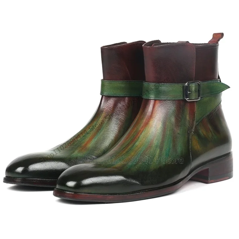 Botas de tornozelo quadrado de impressão colorida masculina, decoração de fivela, deslizamento nos sapatos, feito à mão, luxo, festa, banquete, banquete, vestido, moda