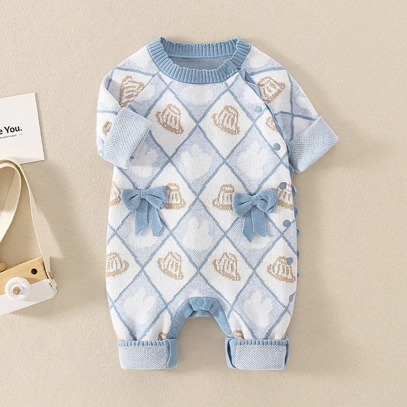 

Комбинезоны UNITIM для маленьких девочек, вязаные комбинезоны с бантом и аппликацией для новорожденных девочек, весенне-осенние комбинезоны с круглым вырезом, детские комбинезоны с героями мультфильмов для мальчиков, верхняя одежда