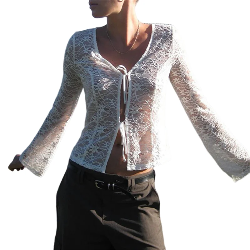 

ABRT-Women's Tie Front Tops Sheer Mesh Bell Long Sleeve Blouse Shirt Crop Top