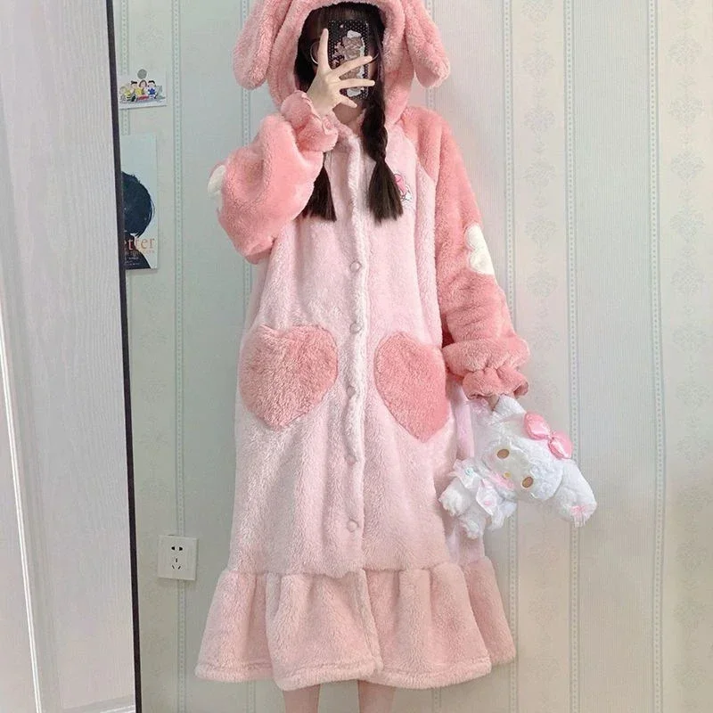 Sanrio Cinnamoroll Kuromi My Melody Nightgown Kawaii Cartoon Night Robe Trousers Suit Winter Thickened Fleece Winter Pajama