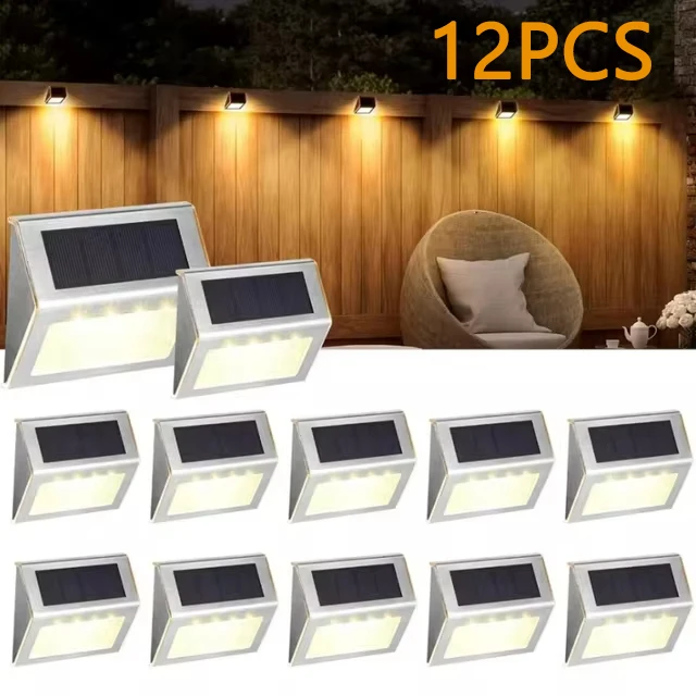 1-12PCS Stainless Steel LED Solar Step Deck Lamp Fence Light Outdoor Waterproof Stair Wall Lamp for Garden Yard Fence Decoration