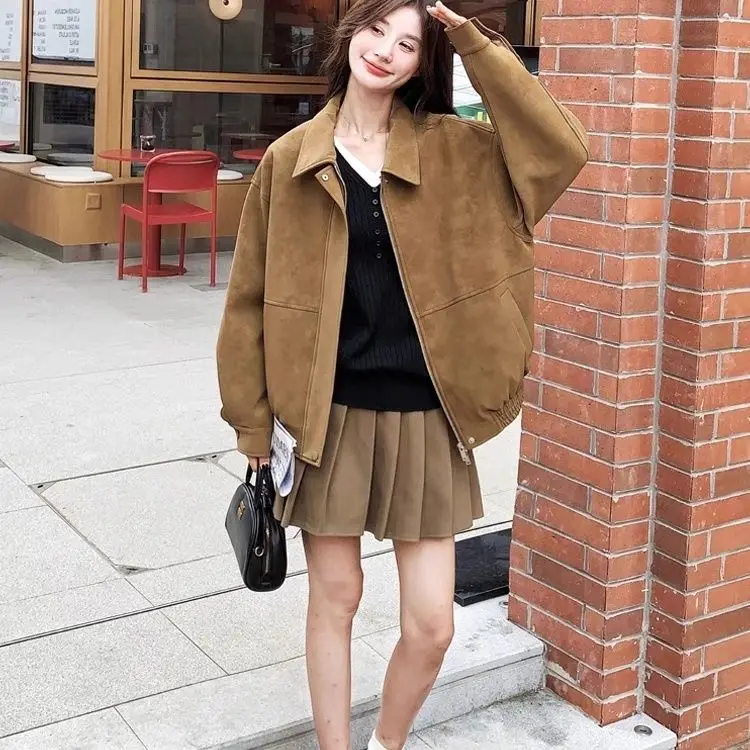 Primavera e outono nova jaqueta feminina solta commuter retro emenda jaqueta de veludo de couro