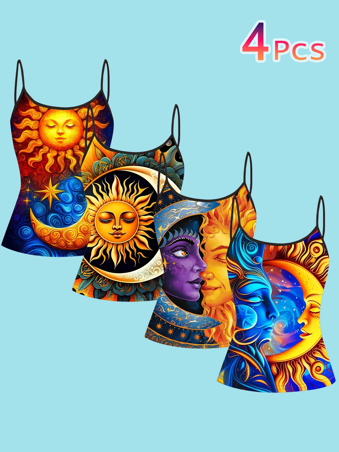 4-Piece Set of Women's Bohemian Sun and Moon Face Print Camisoles, Vintage Hippie Star and Moon Slim-Fit Spaghetti Strap Inner Tops