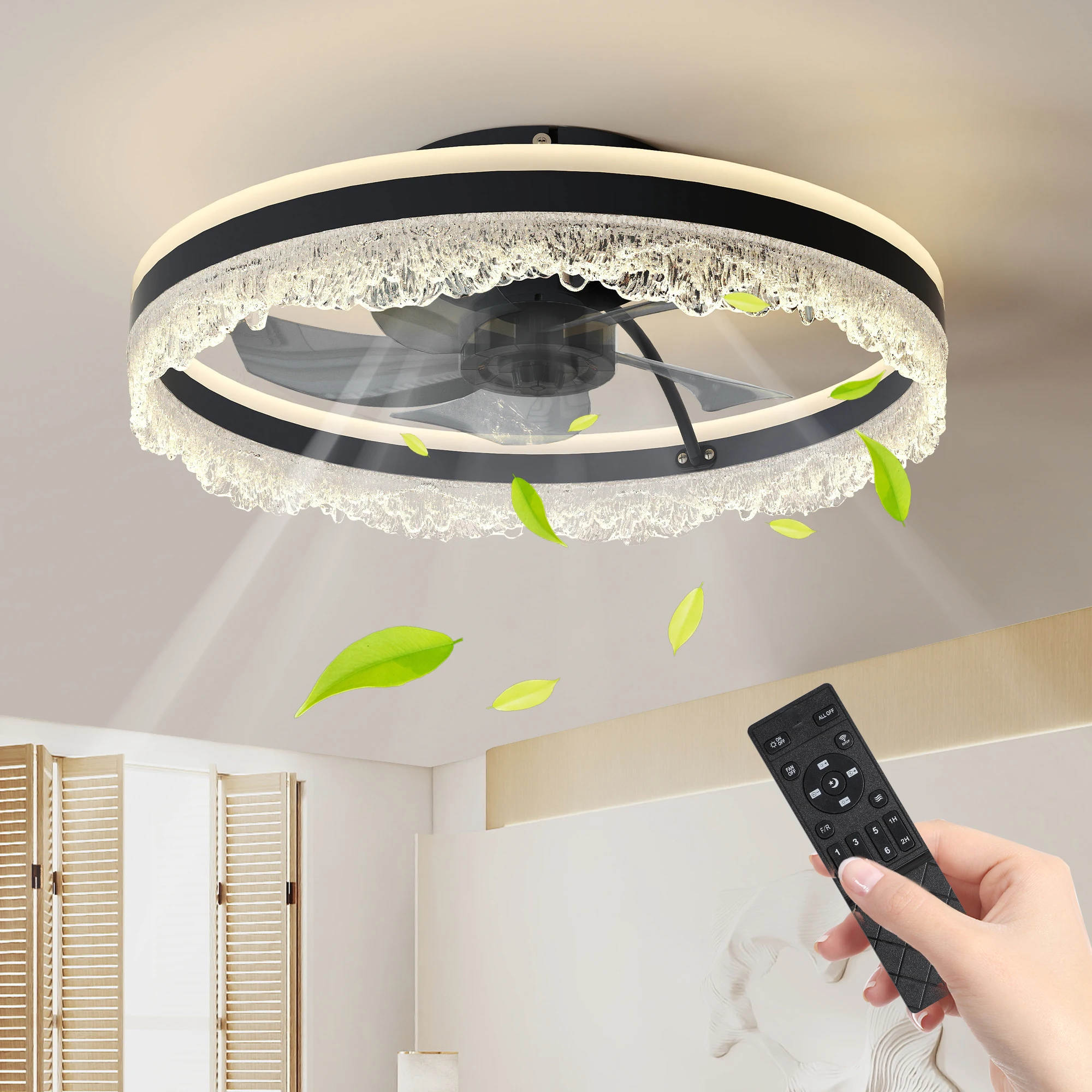 

Modern LED Ceiling Fan Light with Crystal Ring, Remote and APP Control, Dimmable Silent Fan Lamp for Bedroom Living Room