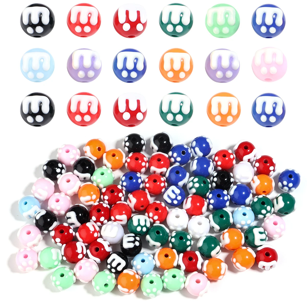 10pcs Acrylic Hand-painted M Beans Round Beads Loose Spacer Beads DIY Jewelry Bracelet Pendant Phone Key Bag Chain Accessories