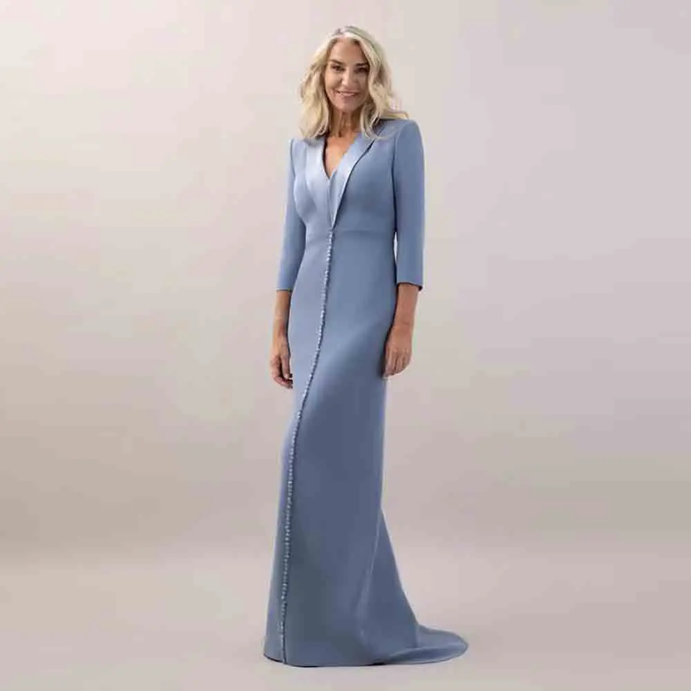 Customized Suit Collar Wedding Guest Evening Dress 3/4 Sleeve Beaded Column Wedding Party Attire Blue Satin Long Formal Outfit