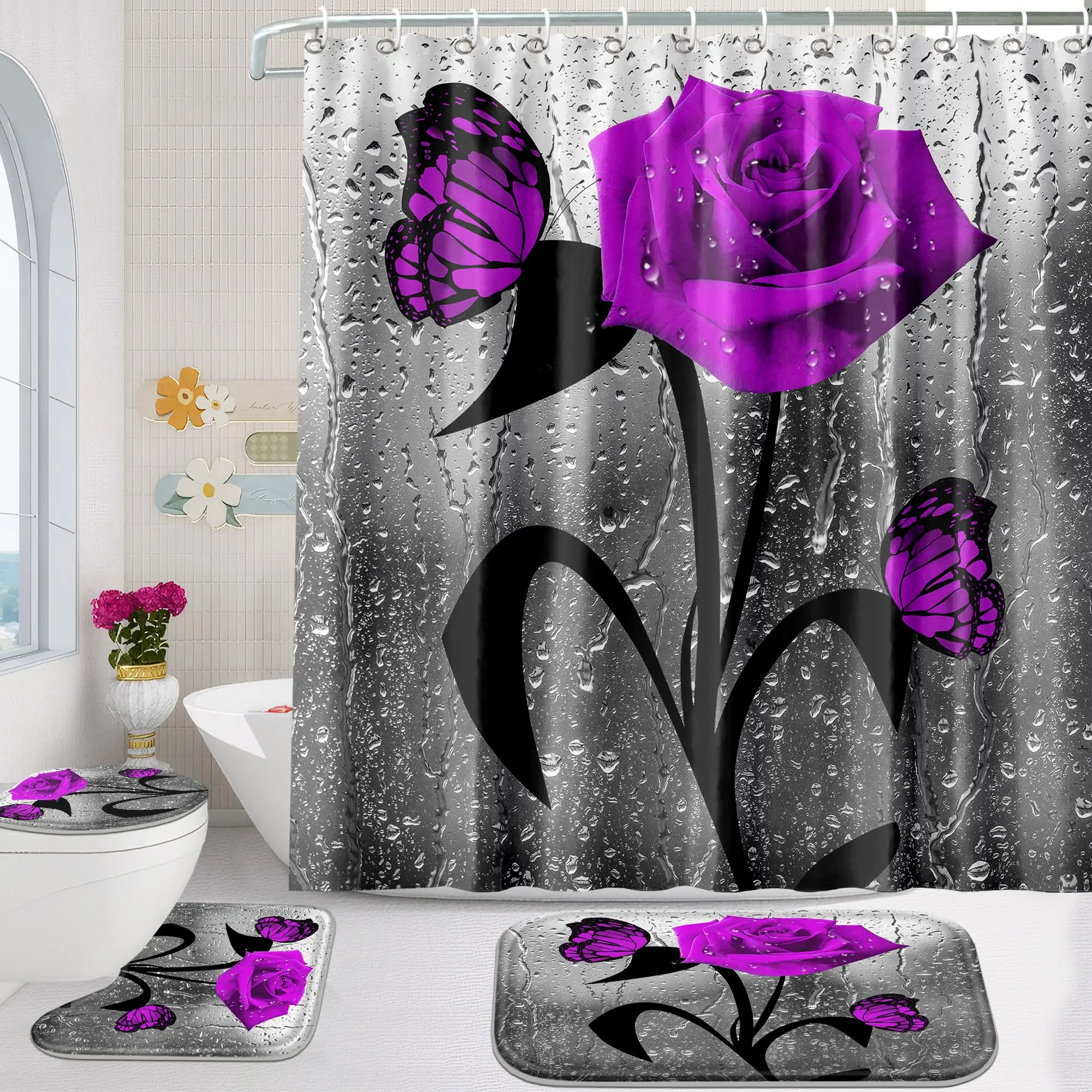 4 Pcs Shower Curtain Set, Rose Bathroom Set,Romantic Shower Curtain Sets with Rugs(Bath Mat,U Shape and Toilet Lid Cover Mat)