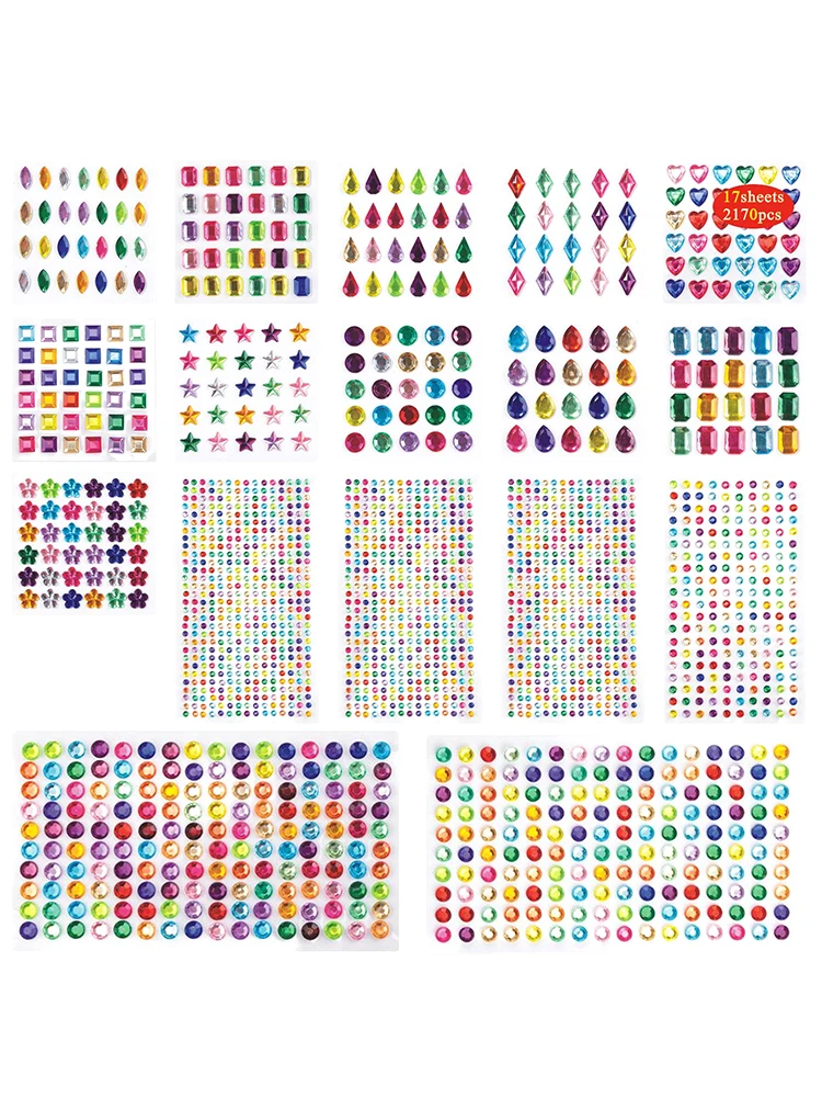 17 hojas de formas surtidas para manualidades, gemas, regalos autoadhesivos, pegatina de diamantes de imitación multicolor, fabricación de tarjetas, decoración brillante DIY