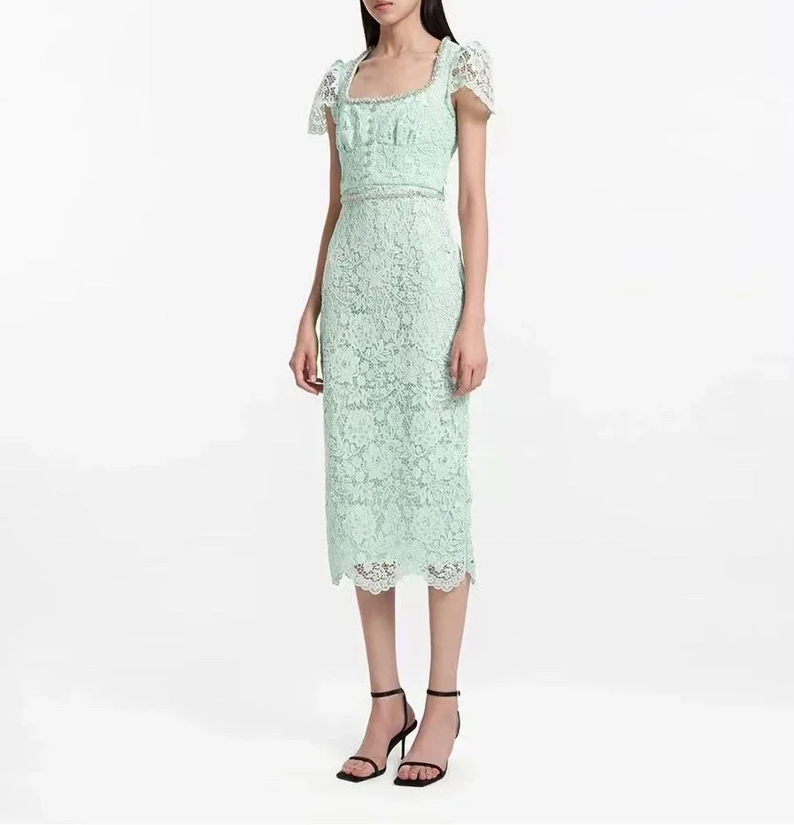 Summer 2024 New Mint Green Short Sleeve Lace Patchwork Square Neck Diamond Chain Decoration Slim Fit Women Midi Dress