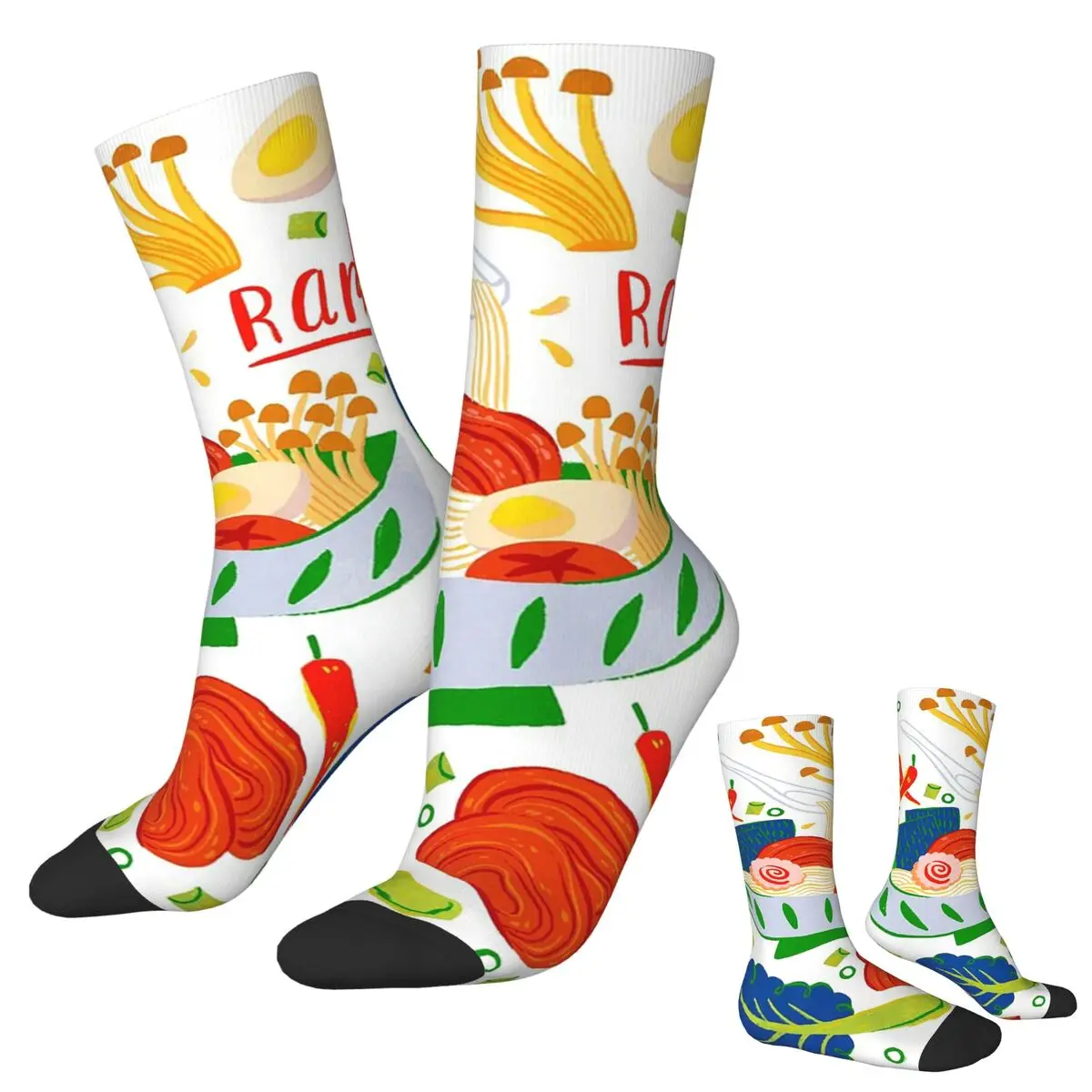 All Seasons Crew Stockings Colorful Cartoon Ramen Design Socks Crazy Hip Hop Long Socks for Men Women Valentine's Day Gifts