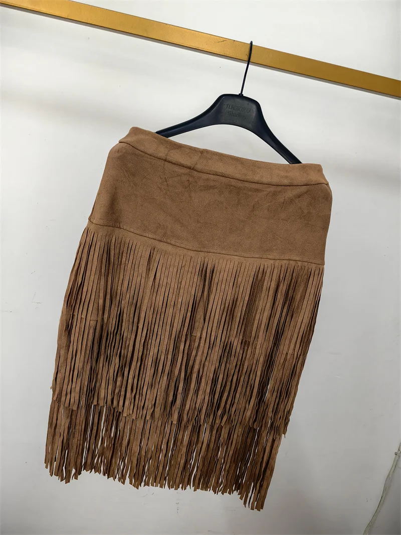 New Street Punk Catwalk Fashion Autumn Winter Women Sexy Skirt Casual Tassel Fringe Vintage Hight Qulity Suede Velvet Skirt