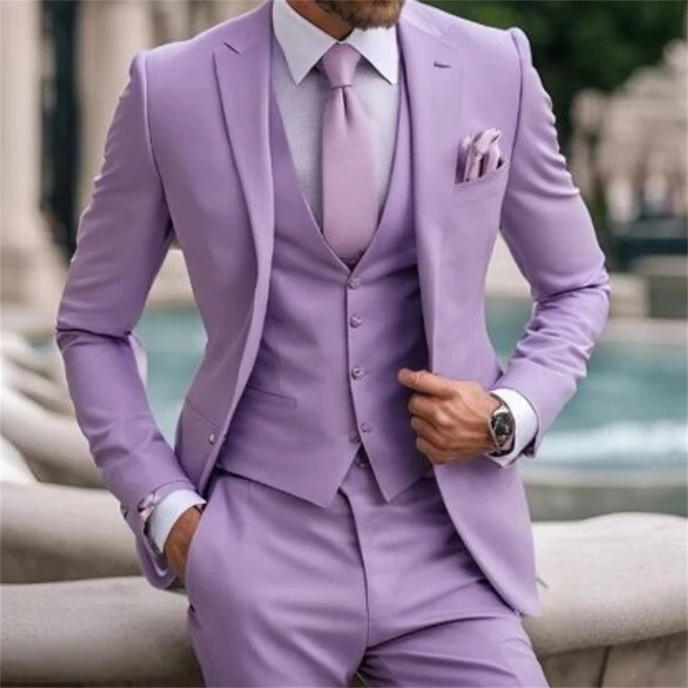 Lilac Mens Suit 3 Piece Classic Tuxedos Blazer Vest Pants Formal Elegant Male Wedding Groomsman Bespoke