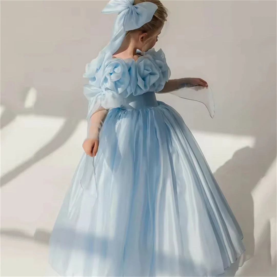 

Небесно-голубые платья с цветочным узором для девочек по индивидуальному заказу на свадьбу, пышное элегантное платье принцессы с оборками для торжественного банкета, дня рождения, вечеринки