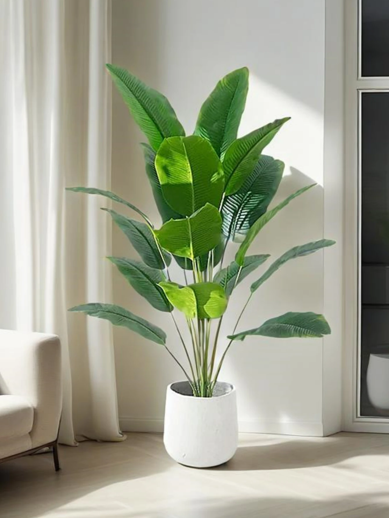 Plantas artificiales de plátano, hojas de pájaro del paraíso falso, plantas de palma tropicales para el hogar, mesa, alféizar de la ventana, decoración de fiesta