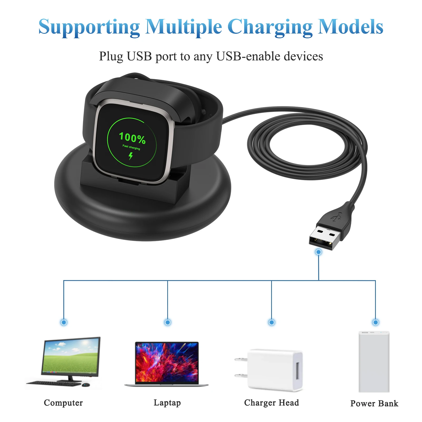 125cm Magnetic Smart Watch Charger Cable Holder For Fitbit Versa 2 Charger Stand Charging Cable Dock Station Base with USB Cord